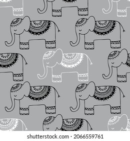 Seamless pattern with funny hand-drawn elephants. Vector illustration with animals. Background for fabric, textile design, wrapping paper.