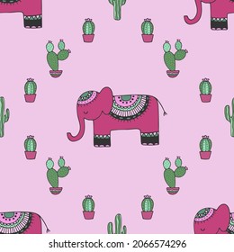 Seamless pattern with funny hand-drawn elephants and cacti. Vector illustration with animals and plants. Background for fabric, textile design, wrapping paper.