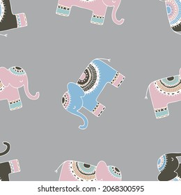 Seamless pattern with funny hand-drawn elephants. Vector illustration with animals. Background for fabric, textile design, wrapping paper.