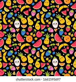 Seamless pattern with funny and happy kawaii fruit. Summer tropical healthy food. Cute childish cartoon background