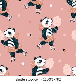 Seamless pattern with Funny happy little cartoon panda girl character in roller-skates dressed up in stripy top and pink skirt eat sweet cotton. Scandinavian style childish trendy print in vector.