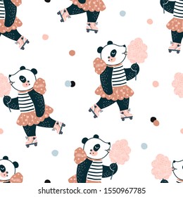 Seamless pattern with Funny happy little cartoon panda girl character in roller-skates dressed up in stripy top and pink skirt eat sweet cotton. Scandinavian style childish trendy print in vector.