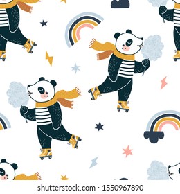 Seamless pattern with Funny happy little cartoon panda character in roller-skates dressed up in stripy top and yellow scarf eat sweet cotton. Scandinavian style childish trendy print in vector.