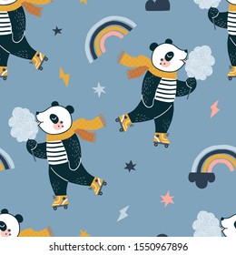 Seamless pattern with Funny happy little cartoon panda character in roller-skates dressed up in stripy top and yellow scarf eat sweet cotton. Scandinavian style childish trendy print in vector on blue