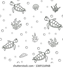 Seamless pattern with funny happy turtles, corals, algae; Black outline isolated on white background; Endless texture with swimming tortoise outline drawing for fabric print, gift wrap, wrapping paper