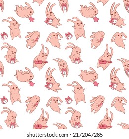 Seamless pattern funny hares, party, children's holiday, birthday. Funny bunnies. Joyful hare label. Souvenirs, congratulations, paper.