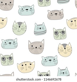Seamless pattern with funny heads of a cat with different characters on a white background. Illustration for children in a vector.