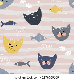 Seamless pattern with funny, funny heads of seals, fish on the background of waves. Baby abstract simple print. Vector graphics.