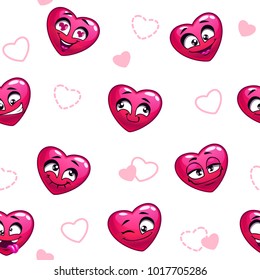 Seamless pattern with funny heart emoji. Love symbols texture. Vector illustration.