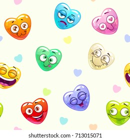 Seamless pattern with funny heart shape emoticons. Vector childish texture.