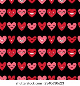 Patrón sin foco con corazones divertidos para el diseño creativo sobre fondo negro.