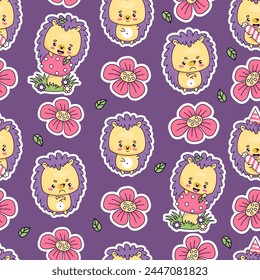 Seamless pattern with funny hedgehog with mushroom fly agaric and flowers on purple background. Cute kawaii animal character. Vector illustration. Kids collection.