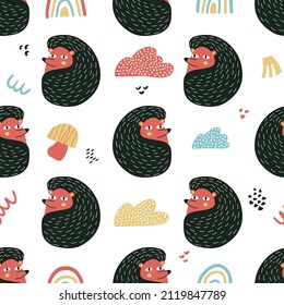 Seamless pattern with funny hedgehogs in hand drawn style. Great for textiles, cards, poster, wallpaper, wrapping paper. Vector illustration isolated on white background