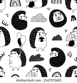 Seamless pattern with funny hedgehogs in hand drawn style. Outline hand drawing. Great for textiles, stickers, cards, wallpaper, wrapping paper. Isolated on white