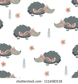 Seamless pattern with funny hedgehogs in a hat and scarf with trees and flowers on a white background. Vector illustration.