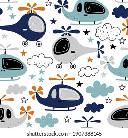 Seamless pattern with funny helicopters, clouds and stars on a white background. Design for kids textile print, nursery wallpaper, wrapping paper.