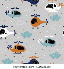 Seamless pattern with funny helicopters, stars and clouds on a gray background in vector. Design for kids textile print, nursery wallpaper, wrapping paper.
