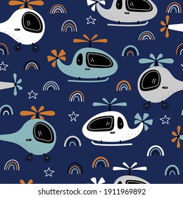 Seamless pattern with funny helicopters, stars and rainbows on a blue background. Design for kids textile print, nursery wallpaper, wrapping paper.