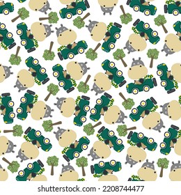 Seamless pattern of funny hippo driving car in the road. Creative vector childish background for fabric, textile, nursery wallpaper, poster, card, brochure. and other decoration.
