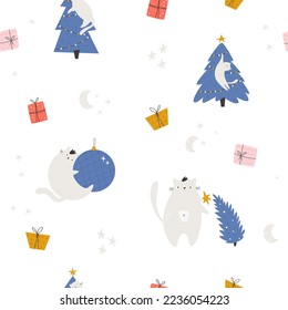 Patrón sin inconvenientes con gatos festivos divertidos, decoraciones, árboles de Navidad, cajas de regalos. Diseño compacto para impresiones de tela, papel de envoltura, ropa