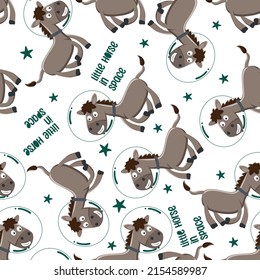 Seamless pattern of funny horse astronaut in space with cartoon style. Can be used for t-shirt print, Creative vector childish background for fabric textile, nursery wallpaper and other decoration.