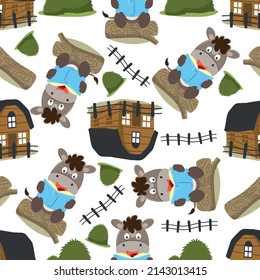 Seamless pattern of funny horse sit on tree trunk reading a book. funny animal cartoon. Creative vector childish background for fabric textile, nursery wallpaper, brochure. and other decoration