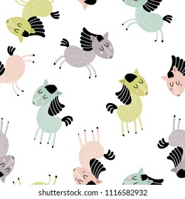Seamless pattern with funny horses in a doodle style on a white background. Vector illustration.