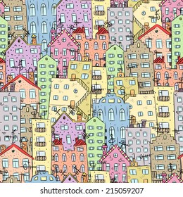 Seamless pattern of funny houses. Densely populated city.