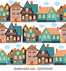 Seamless pattern of funny houses. Densely populated city