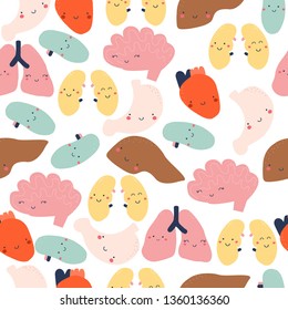 Seamless pattern with funny human organs. Childish anatomy print. Vector hand drawn illustration.