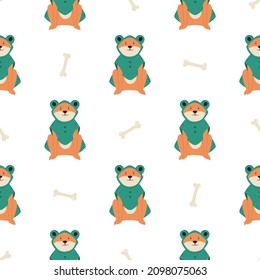 Seamless pattern with a funny husky dog in a frog costume. Vector wallpaper design with adorable character