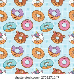 Seamless pattern with funny iced donuts on a blue background with checkered lines and hearts. Kawaii characters, cute children's illustration