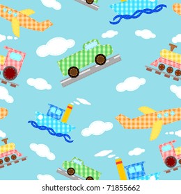 Seamless pattern funny images of four types of transport