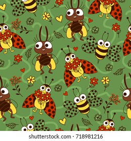 Seamless pattern with funny insects, bees, ladybug, flowers and hearts. Natural vector background. 