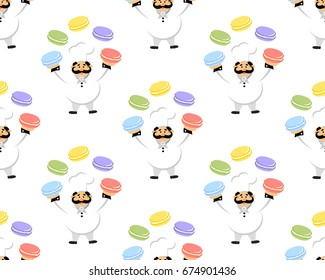 Seamless pattern with funny, italian cook and macaroons. Vector tasty background. 