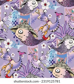 Seamless pattern. Funny Japanese monsters, youkai. Fashion textiles, fabric, packaging.