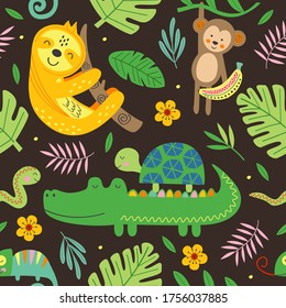 seamless pattern with funny jungle animals on black background -  vector illustration, eps