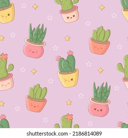 Seamless pattern with funny kawaii cacti and potted plants. Cute print for phone case, backgrounds, fashion, wrapping paper and textile. Vector Illustration