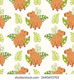 Seamless pattern with funny kawaii capybara and tropical leaf in cartoon flat style, arranged in polka dot order on light background. Cute jungle animal design for kids, fabric, and wrapping.