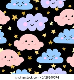 Seamless pattern with funny kawaii clouds on the night sky background. Vector illustration