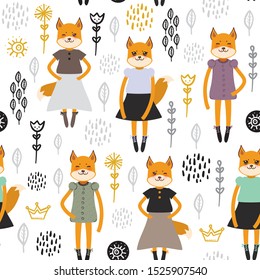 Seamless pattern funny Kawaii fox girl in dress, cartoon flowers green lilac black white background. Can be used for greeting card, fashion print for baby clothes Gift wrap, fabrics, wallpaper. Vector