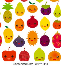 seamless pattern funny kawaii fruit Pear Mangosteen tangerine pineapple papaya persimmon pomegranate lime apricot plum dragon fruit figs mango peach lemon lychee apple kiwano isolated on white. Vector