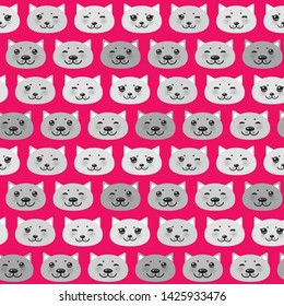 Seamless pattern funny Kawaii grey cat face, pastel colors on pink background. Can be used for greeting card design, Gift wrap, fabrics, wallpapers. Vector
