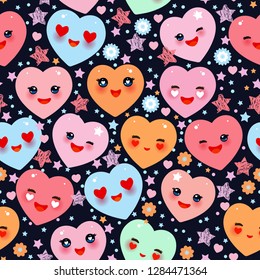 Seamless pattern Funny Kawaii heart pink, yellow, lilac, orange, blue green, on black background. Valentine's Day Card banner template. Vector