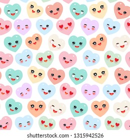 Seamless pattern Funny Kawaii heart pink, yellow, lilac, orange, blue green, isolated on white background. Valentine's Day Card banner template. Can be used for Gift wrap, fabrics, wallpapers. Vector