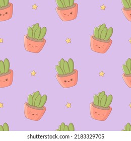 Seamless pattern with funny kawaii potted plants. Cute print for phone case, backgrounds, fashion, wrapping paper and textile. Vector Illustration