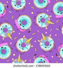 Seamless pattern with funny kawaii sweet donuts like unicorn. Cartoon background. Vector illustration