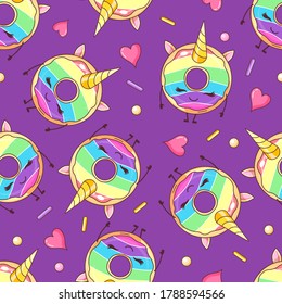 Seamless pattern with funny kawaii sweet donuts like unicorn. Cartoon background. Vector illustration