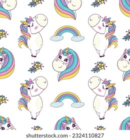 Patrón sin foco de los divertidos unicornios kawaii bailando al estilo del anime