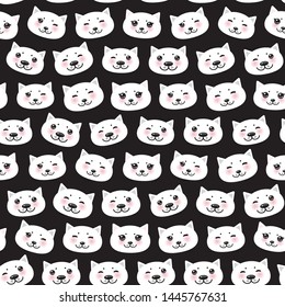 Seamless pattern funny Kawaii white cat face with pink cheeks, black background. Can be used for greeting card design, Gift wrap, fabrics, wallpapers. Vector